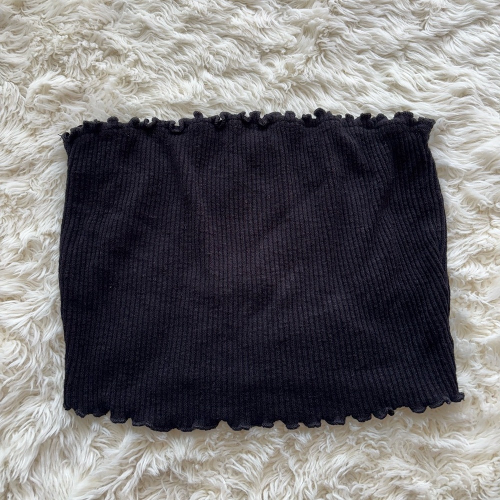 Love Culture Black Ribbed Tube Top with Lettuce Hem
